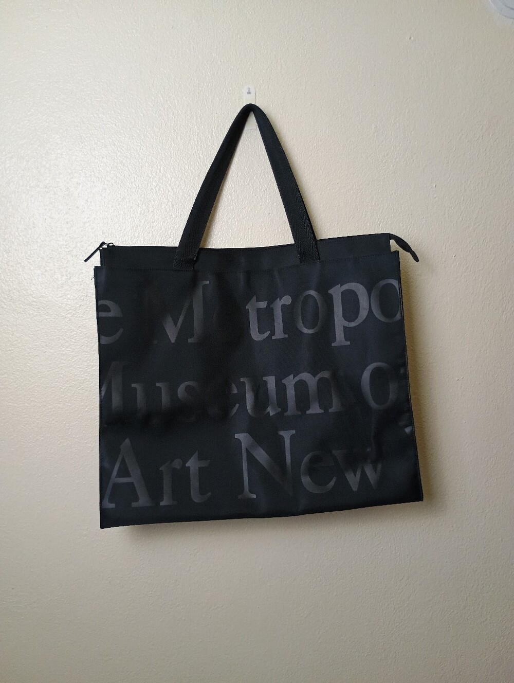 Black Nylon Tote Bag with Subtle Lettering Print Zip Closure
